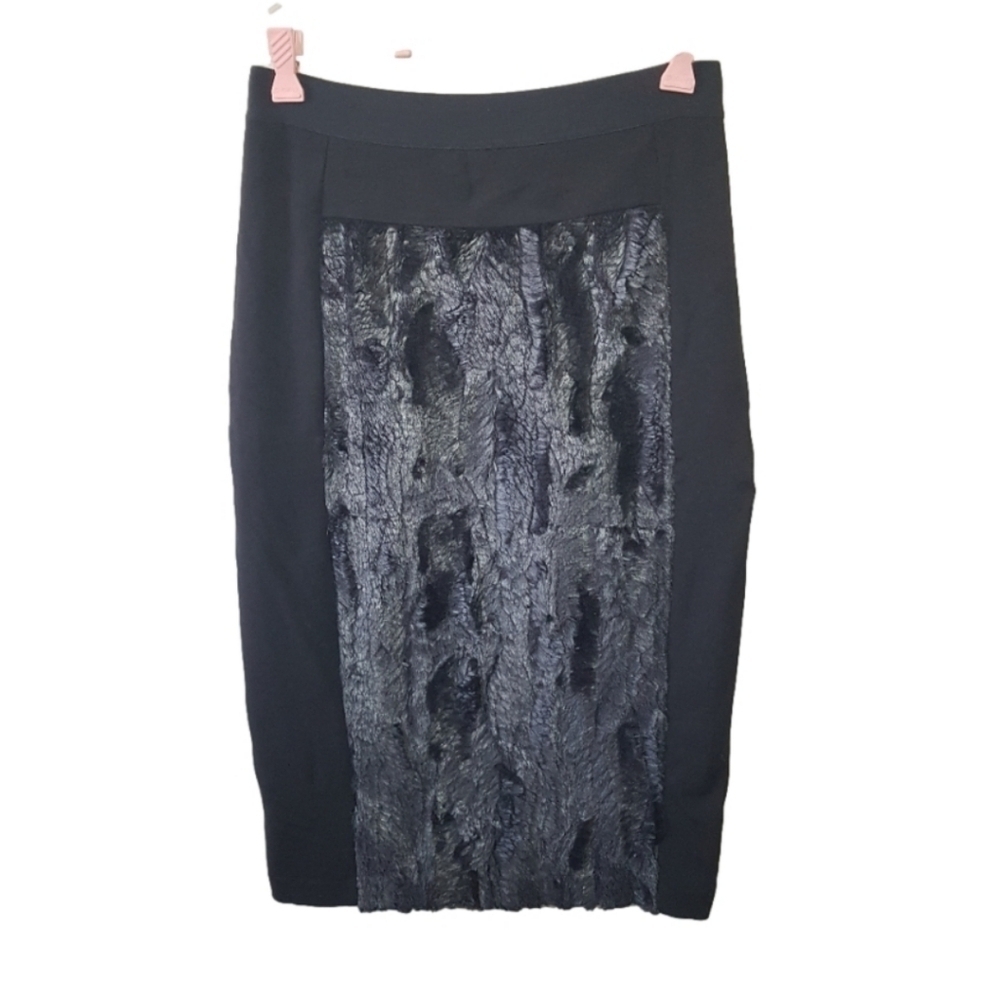 BCBG Maxazria Black Midi Pencil Skirt Faux Fur Lined Full Zip